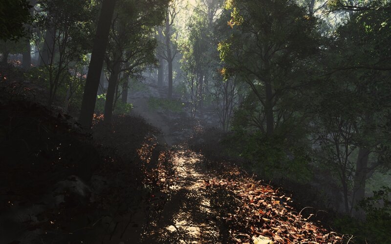 Sunlit Forest Path — Green, Serene, Morning, 3d Render