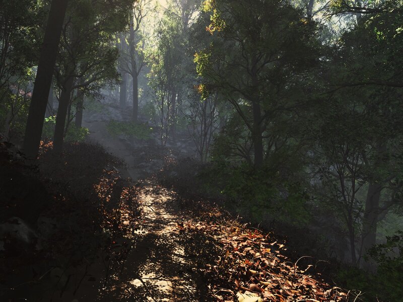 Sunlit Forest Path — Green, Serene, Morning, 3d Render, Trees