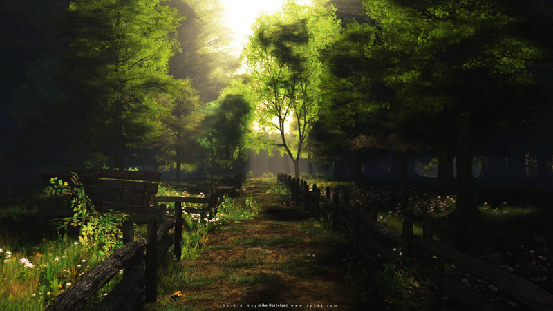 Sunlit Forest Path — Green, Serene, Morning, Digital Art