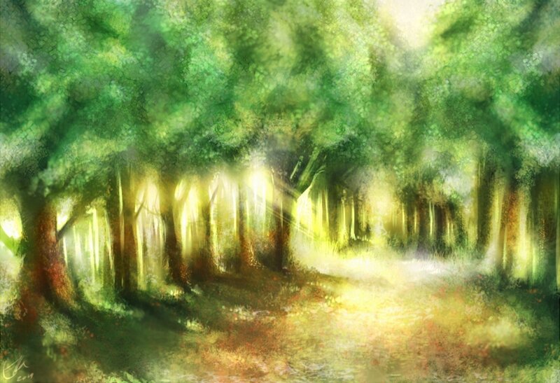 Sunlit Forest Path — Green, Serene, Morning, Digital Art, Trees, Light Beams