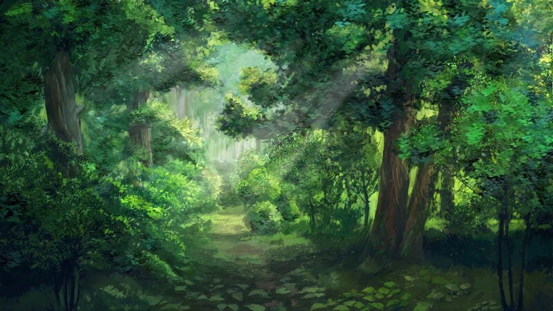 Sunlit Forest Path — Green, Serene, Morning, Digital Art, Trees, Light