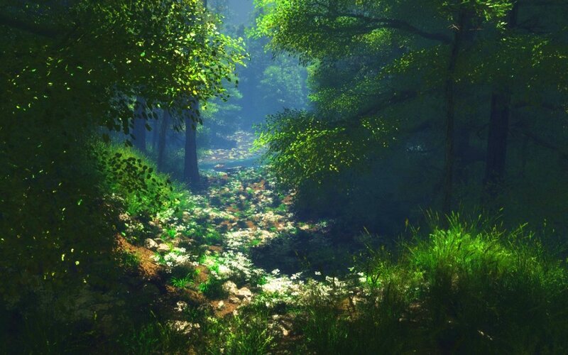Sunlit Forest Path — Green, Serene, Morning, Digital Art, Trees