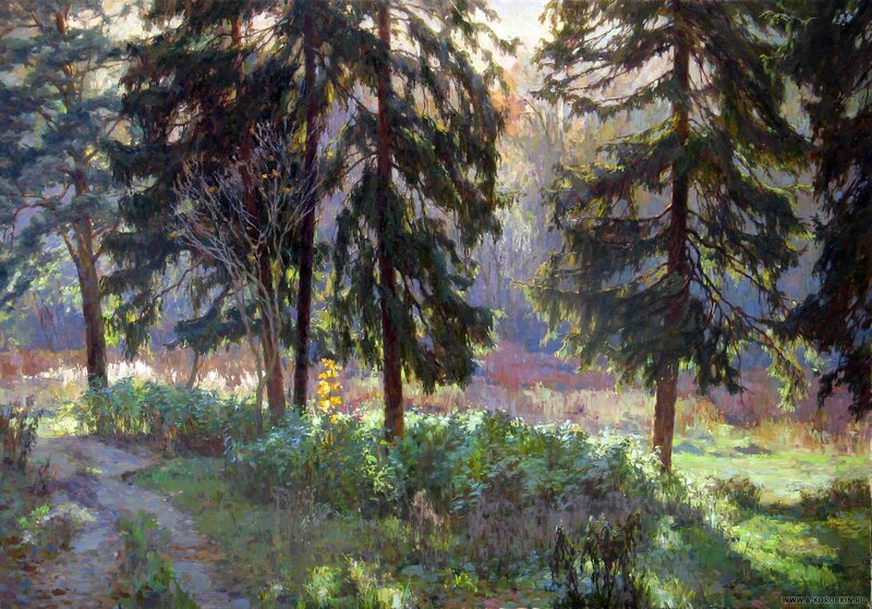 Sunlit Forest Path — Green, Serene, Morning, Painting