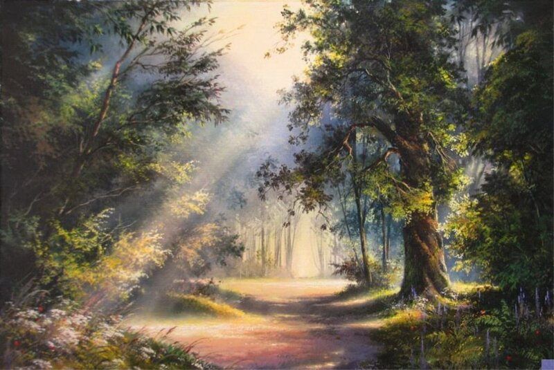 Sunlit Forest Path — Green, Serene, Morning, Painting, Trees