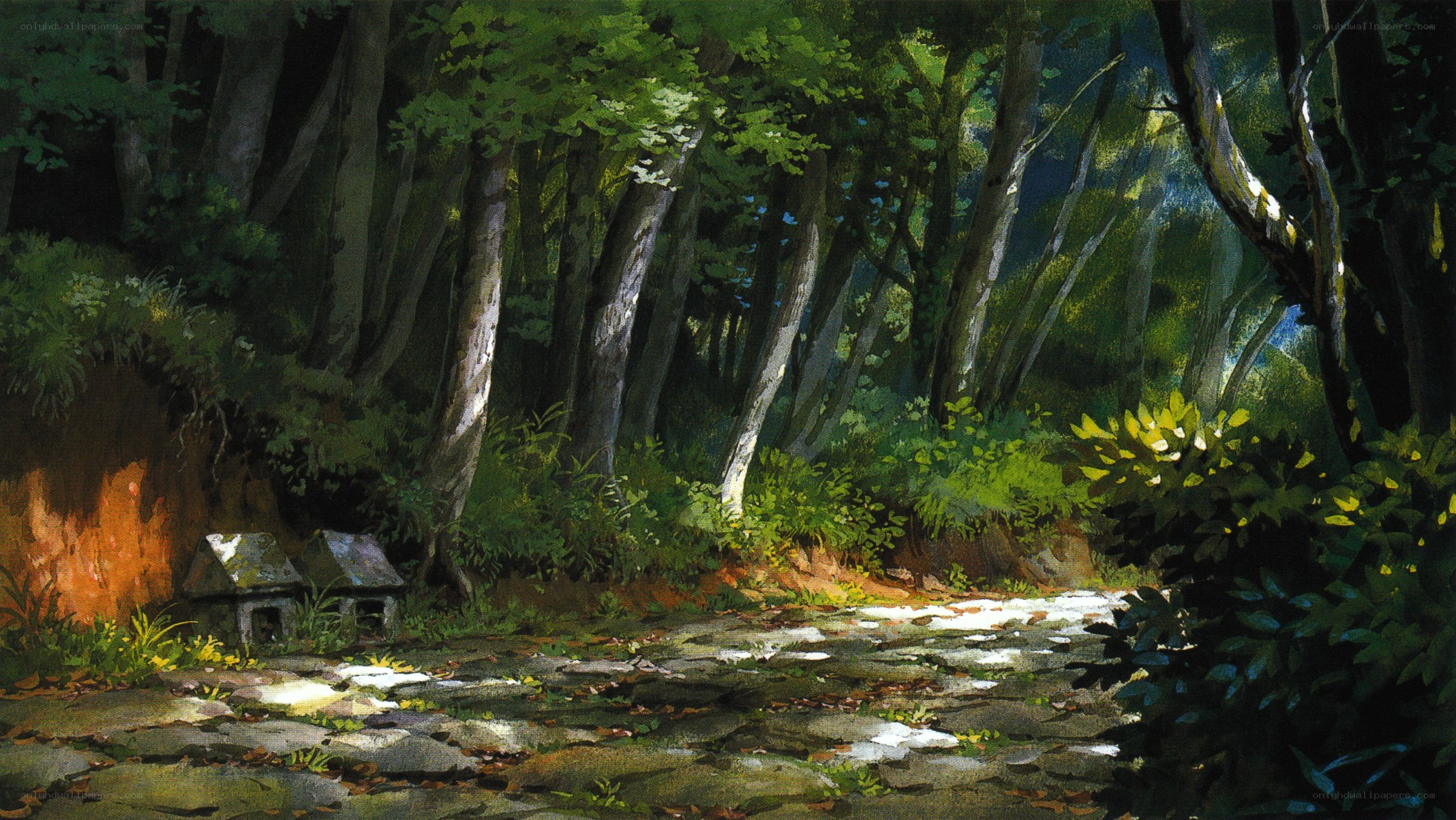 Sunlit forest path with stone houses