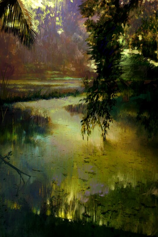 Sunlit forest pond