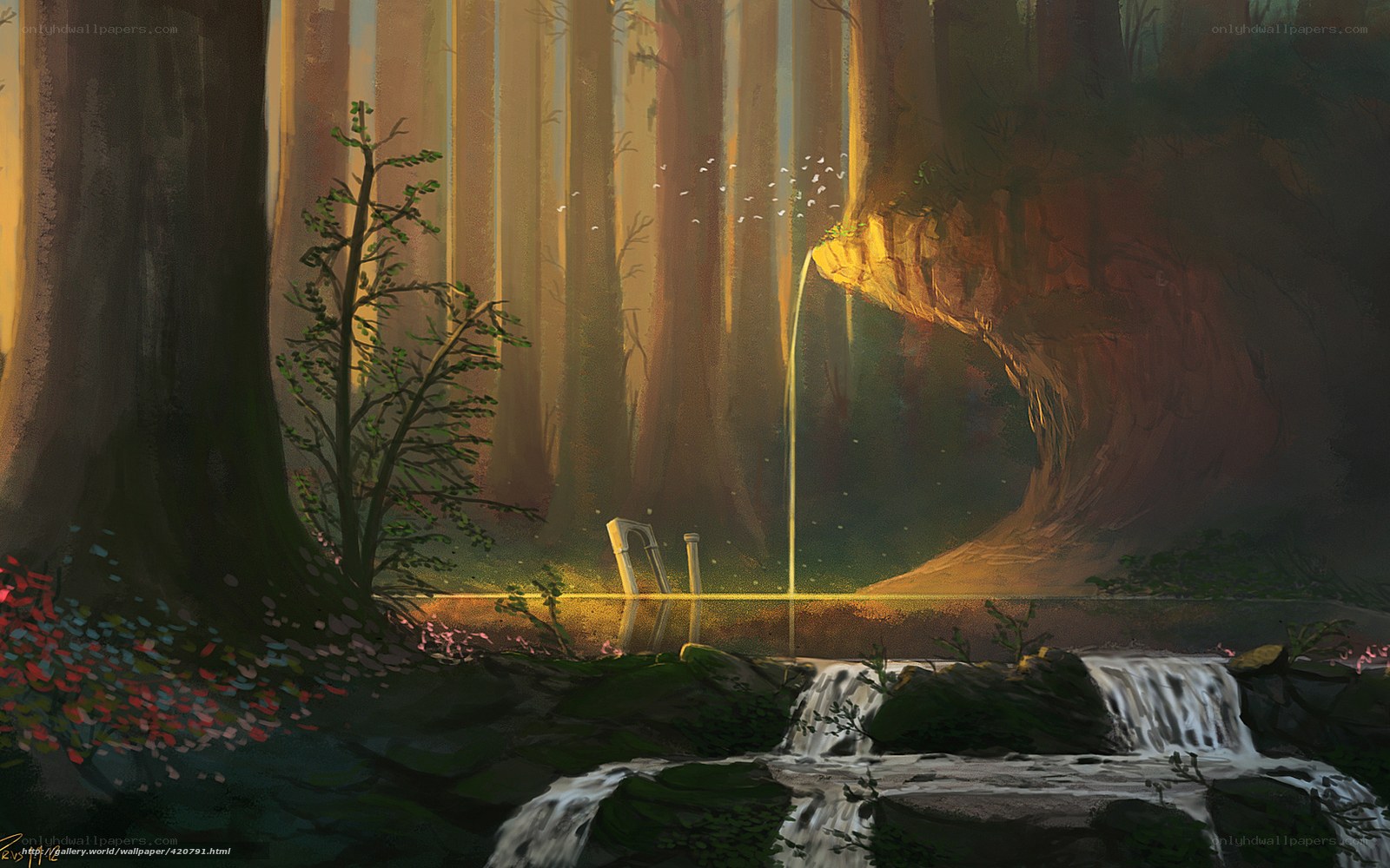 Sunlit forest waterfall