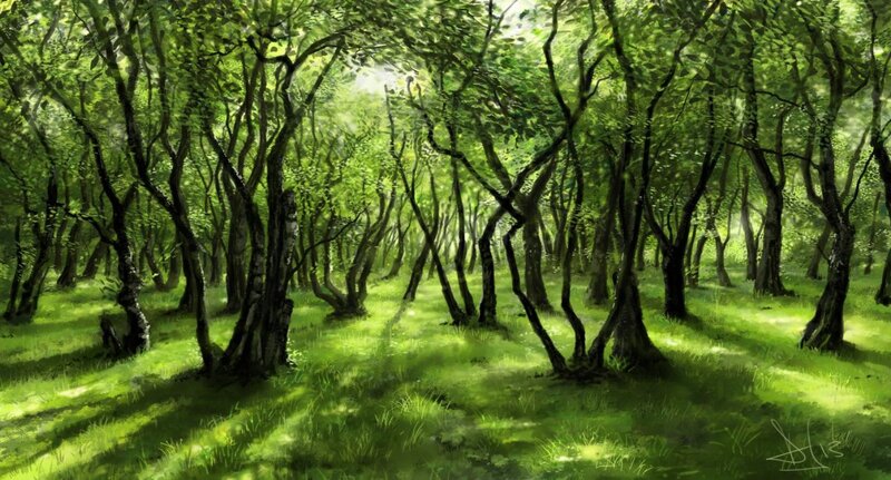 Sunlit Forest with Trees — Green, Serene, Afternoon, Digital Art