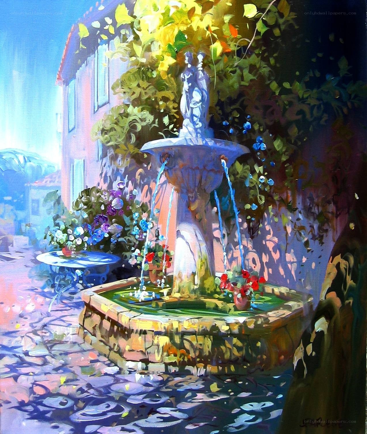 Sunlit fountain in a garden