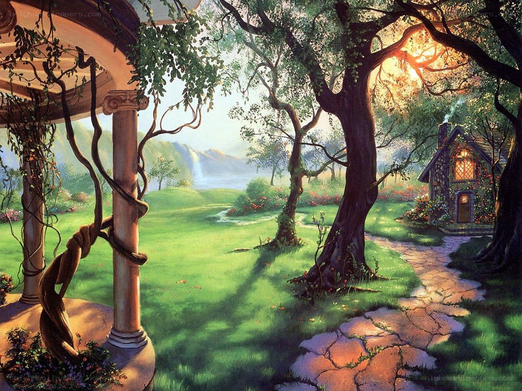 Sunlit garden path to cottage
