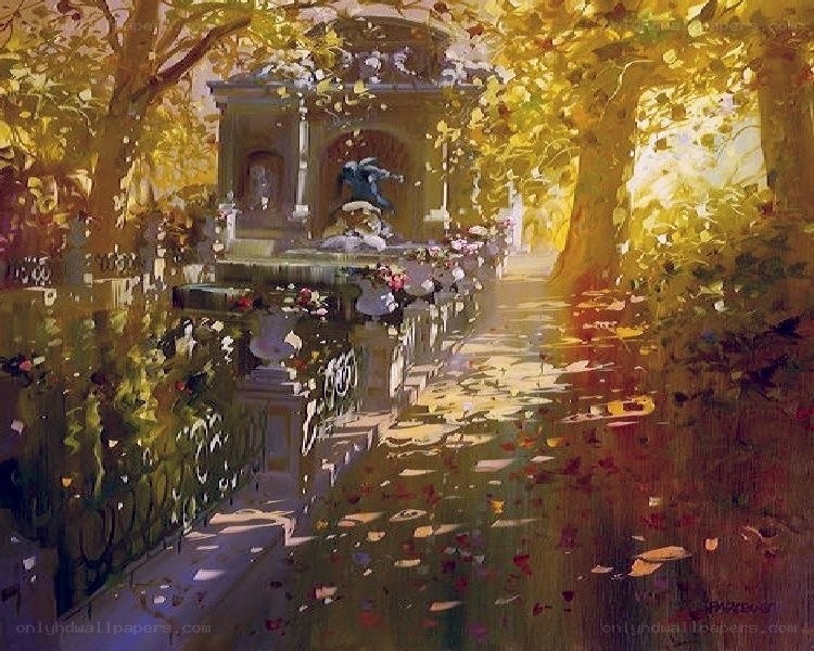 Sunlit garden path with fountain