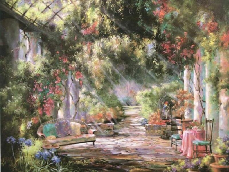 Sunlit garden path with furniture