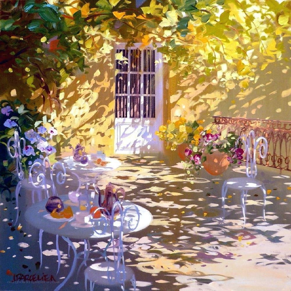 Sunlit garden patio scene