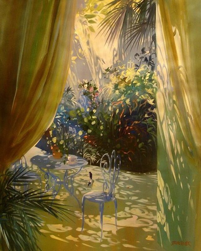 Sunlit garden patio scene