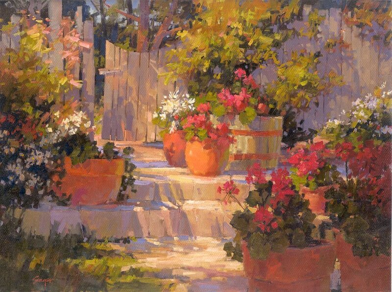 Sunlit garden with potted flowers