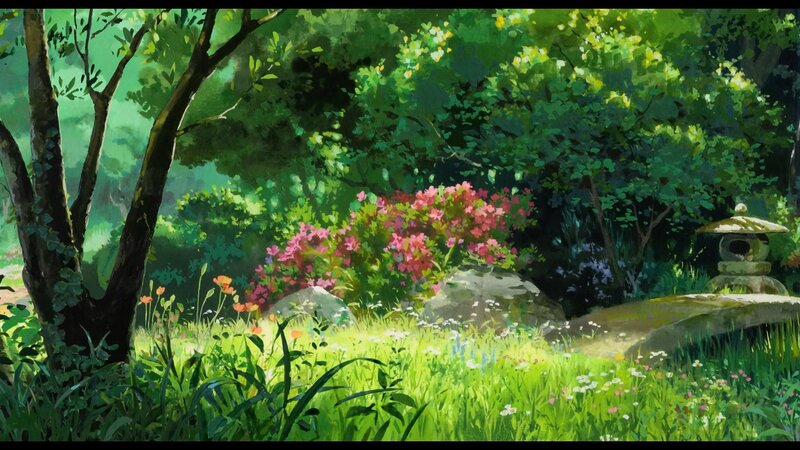 Sunlit garden with stone lantern