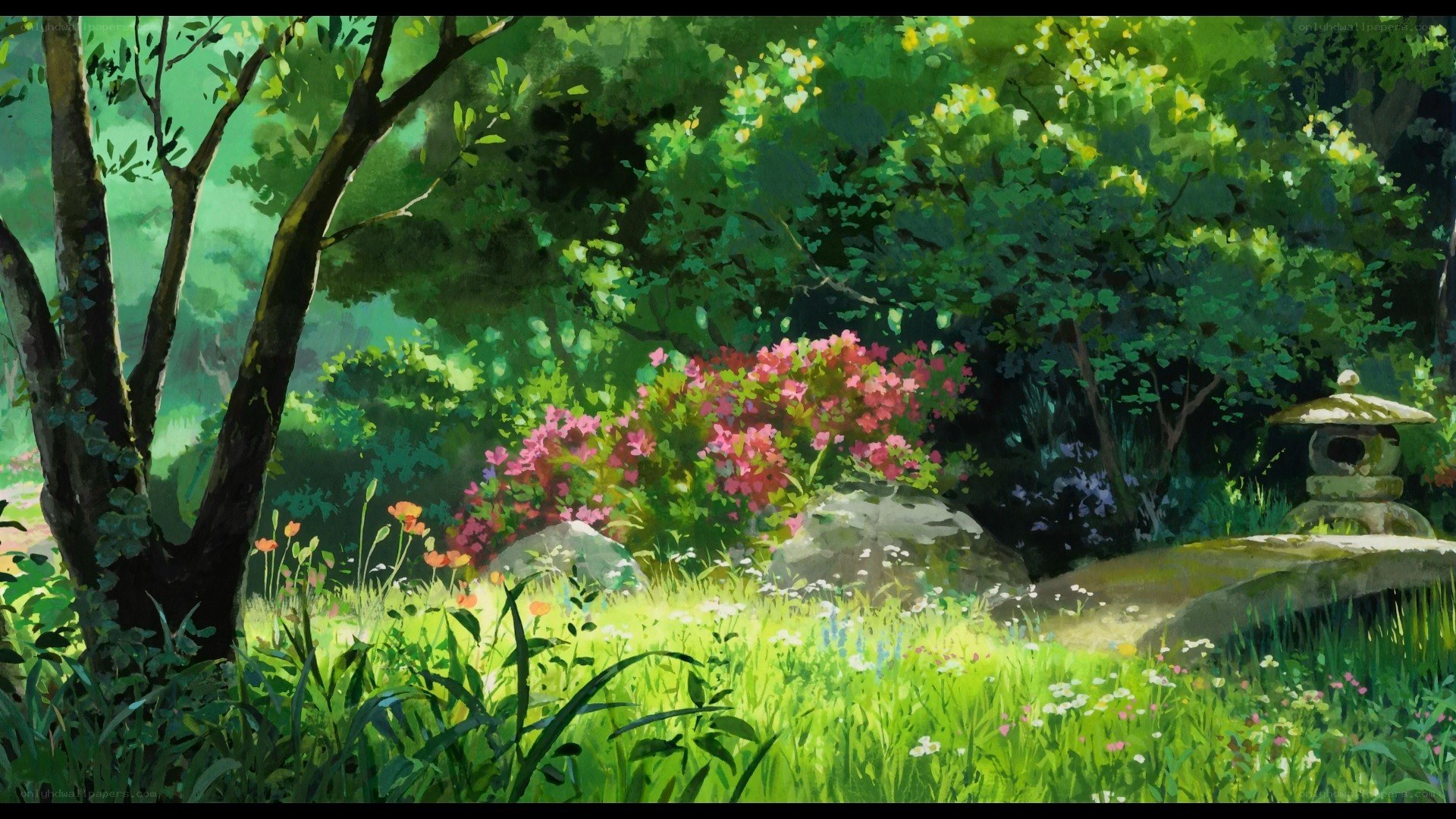 Sunlit garden with stone lantern