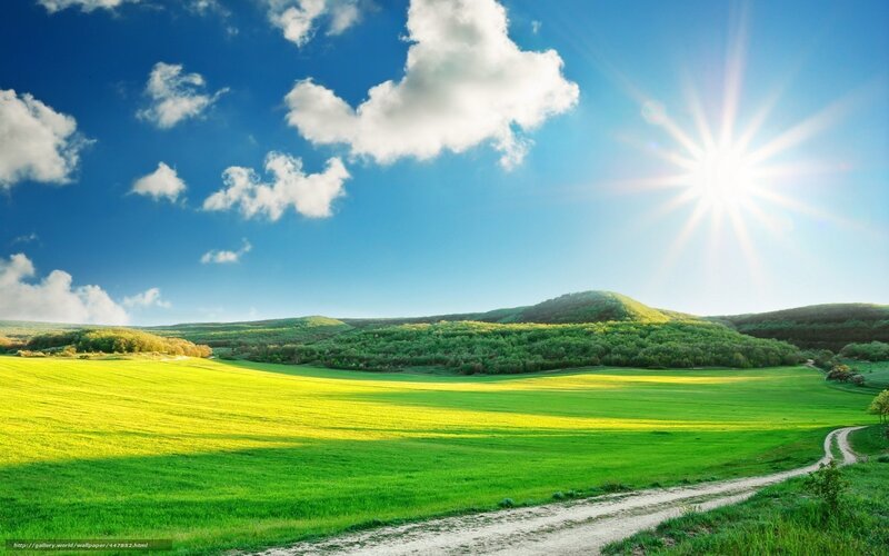 Sunlit green fields and hills