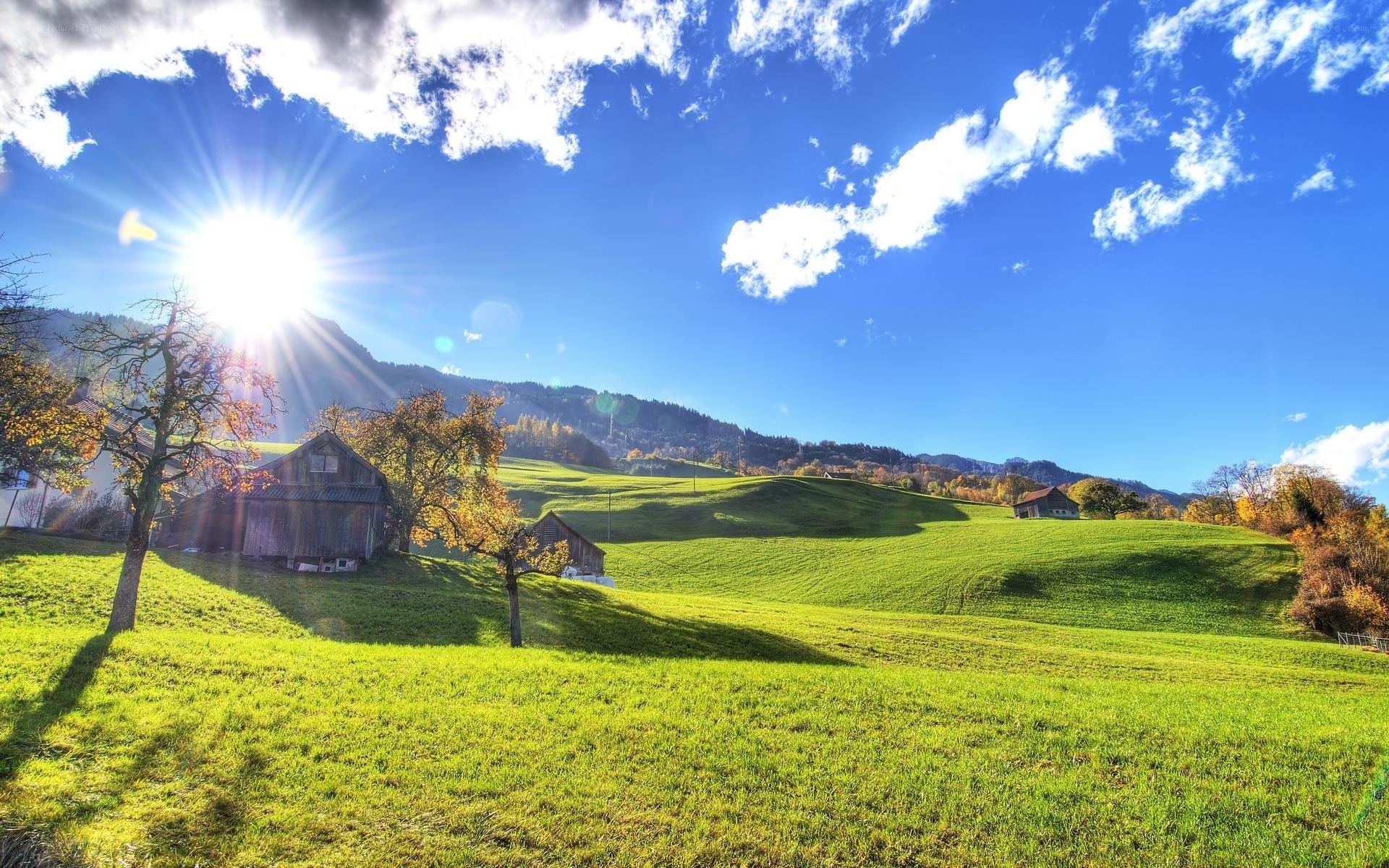 Sunlit green hills with barns