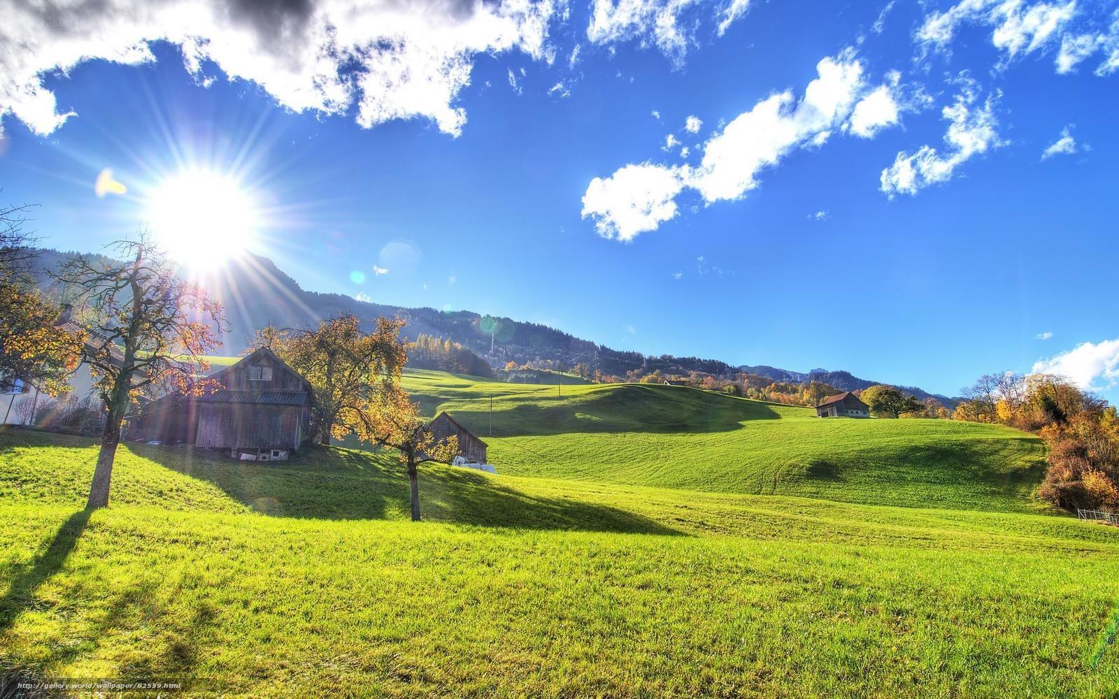 Sunlit green hills with barns