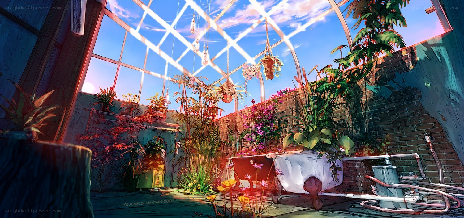 Sunlit greenhouse garden