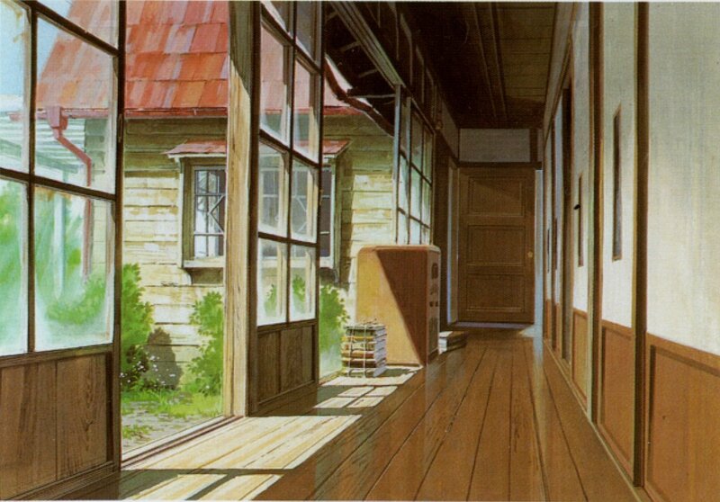 Sunlit hallway in a wooden house