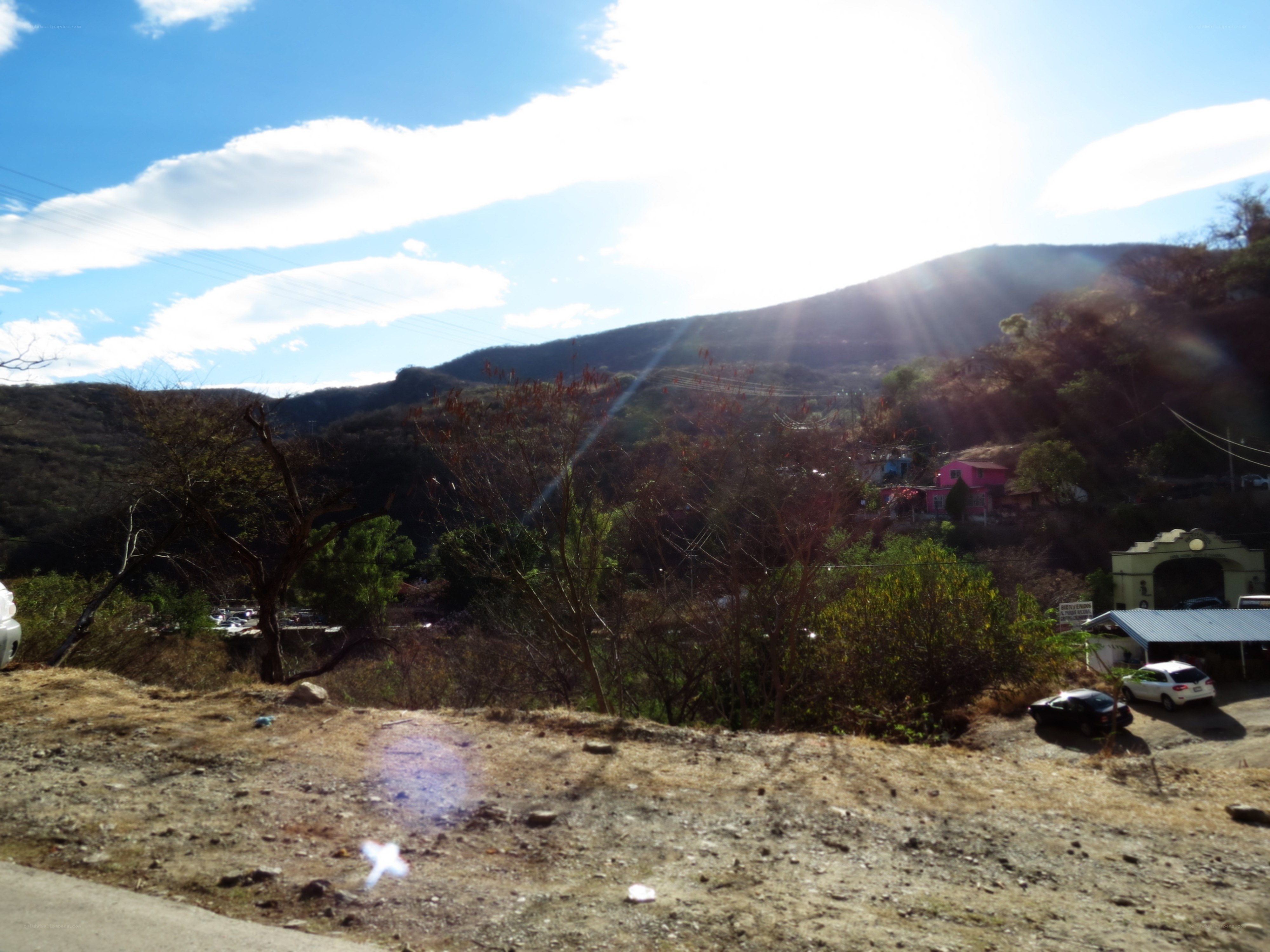 Sunlit hillside with houses