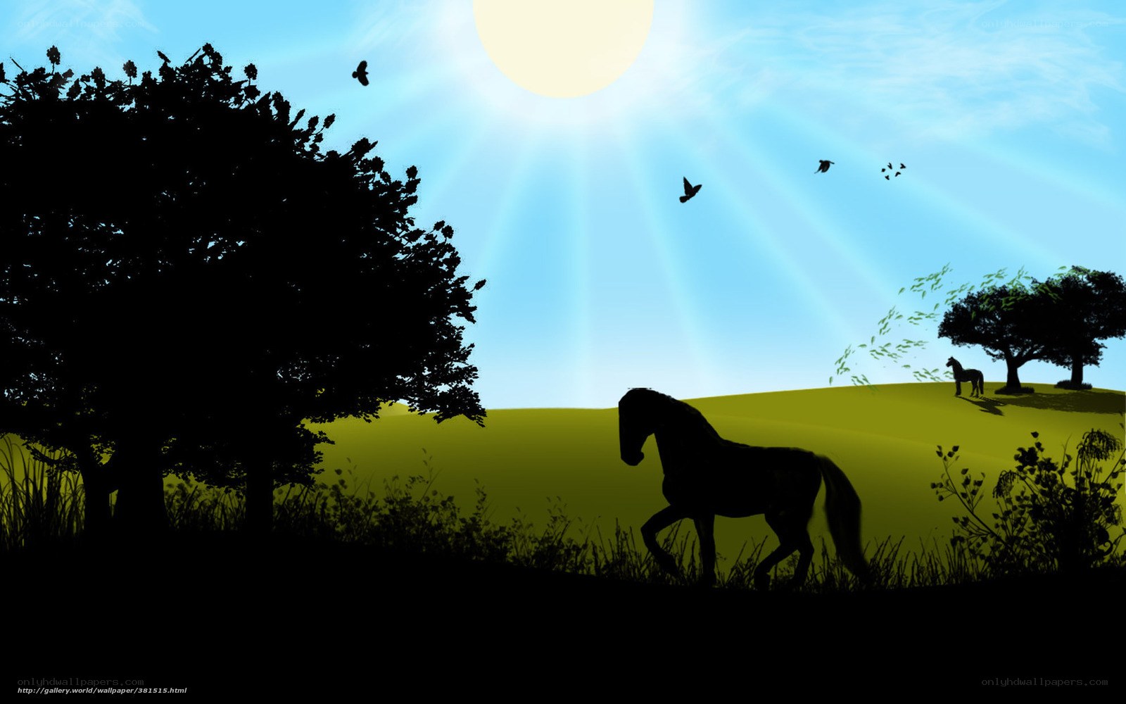 Sunlit horse in a green field