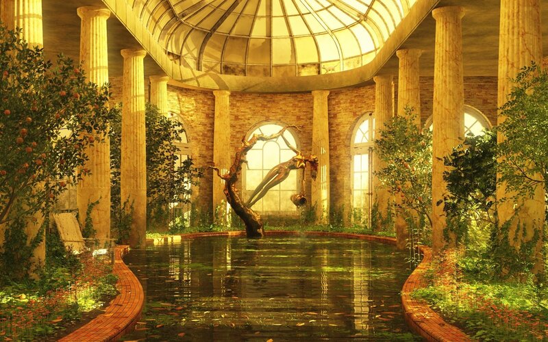 Sunlit indoor garden with fountain