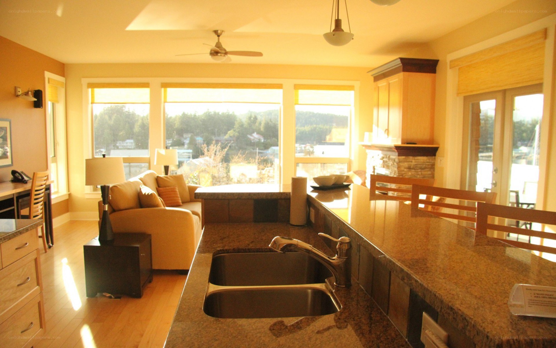 Sunlit kitchen and living area