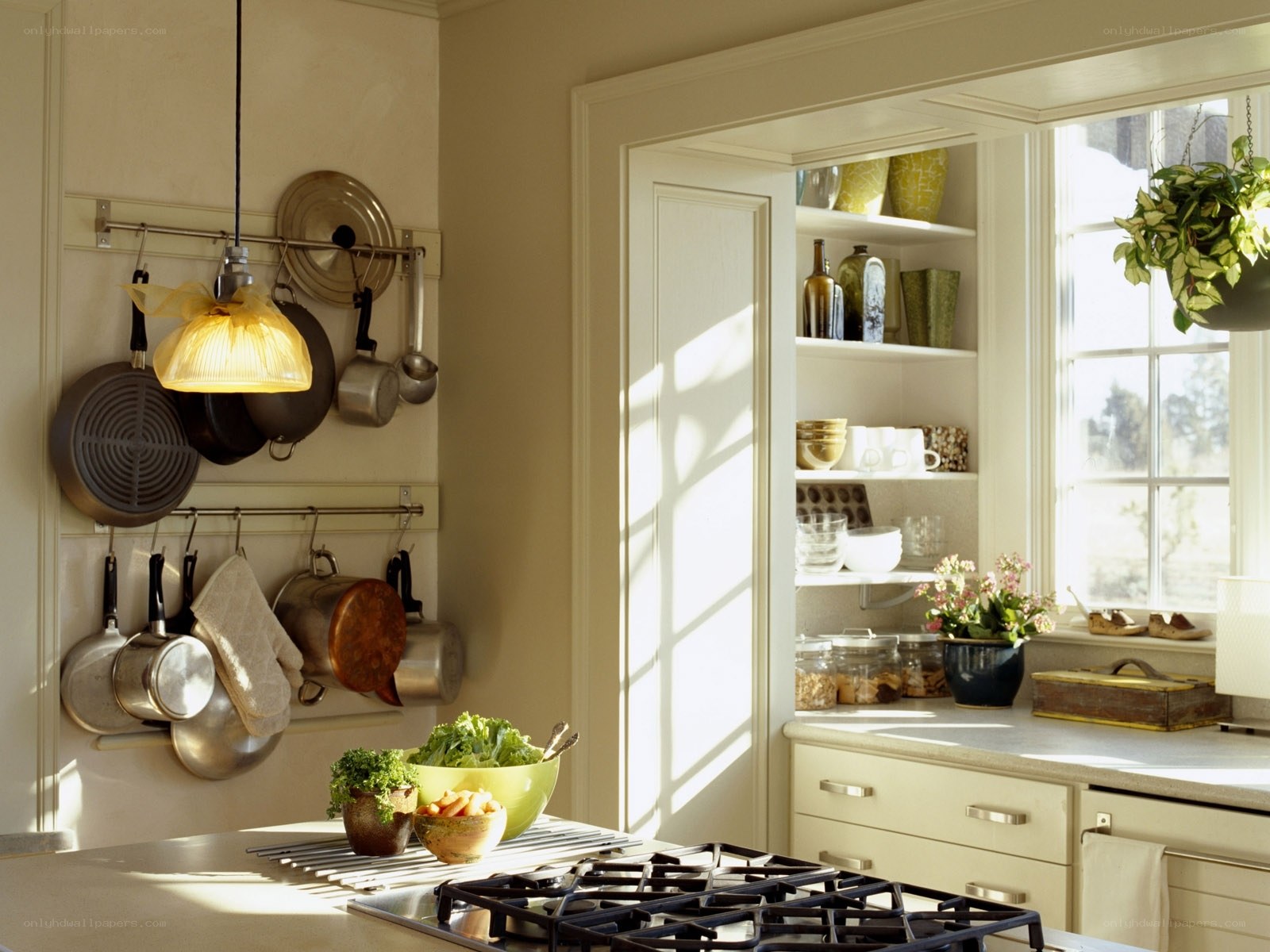 Sunlit kitchen with hanging pots