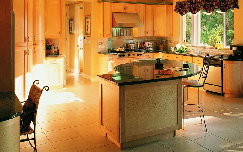 Sunlit kitchen with island