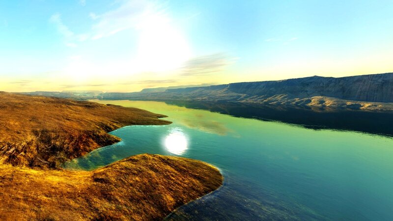 Sunlit lake in a canyon