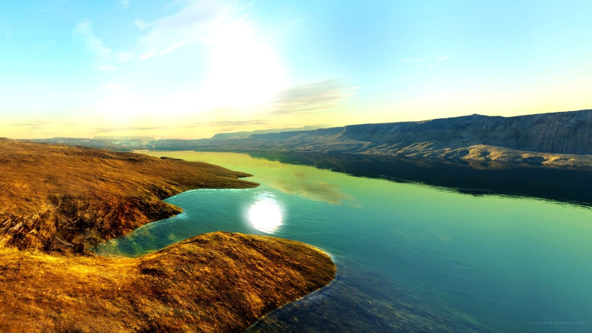 Sunlit lake in a canyon