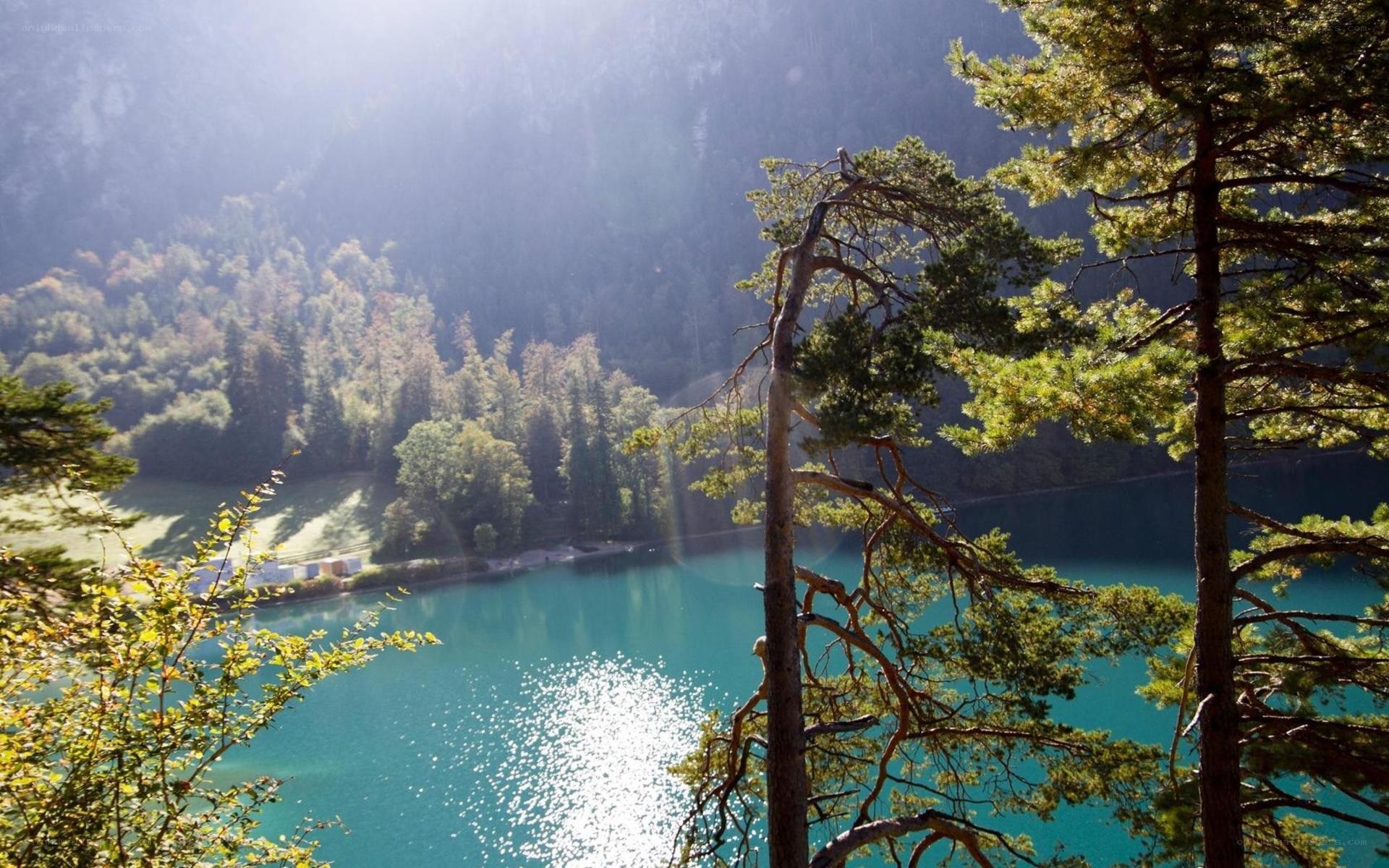 Sunlit lake in forested valley
