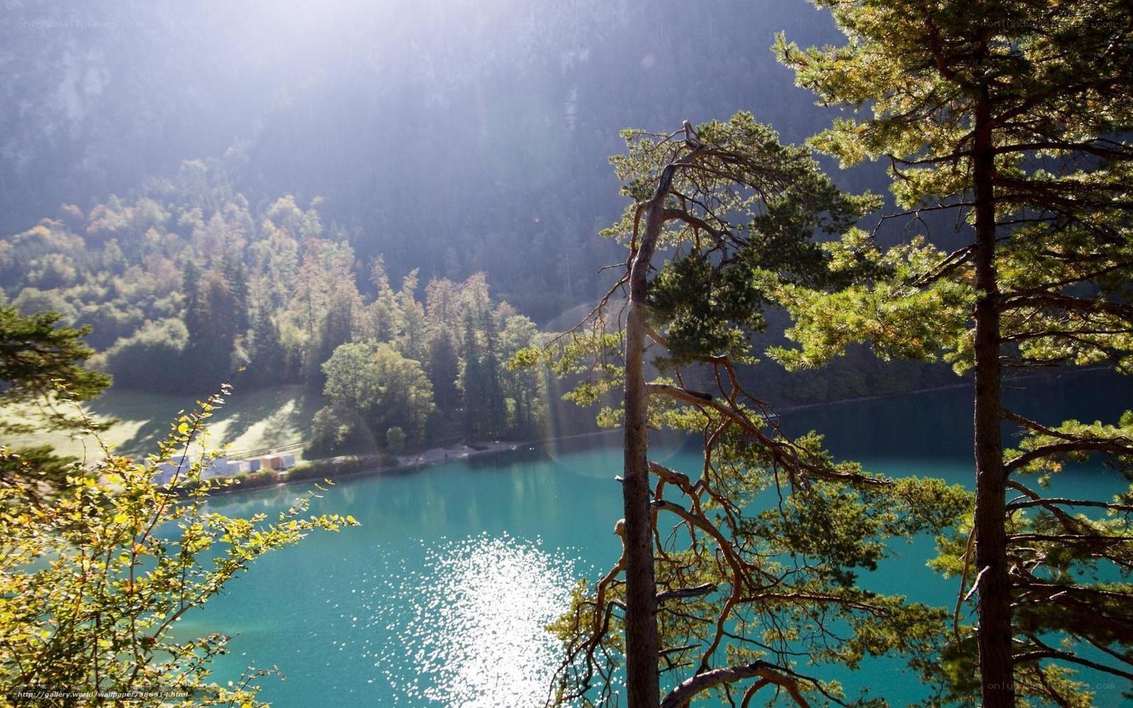 Sunlit lake in forested valley