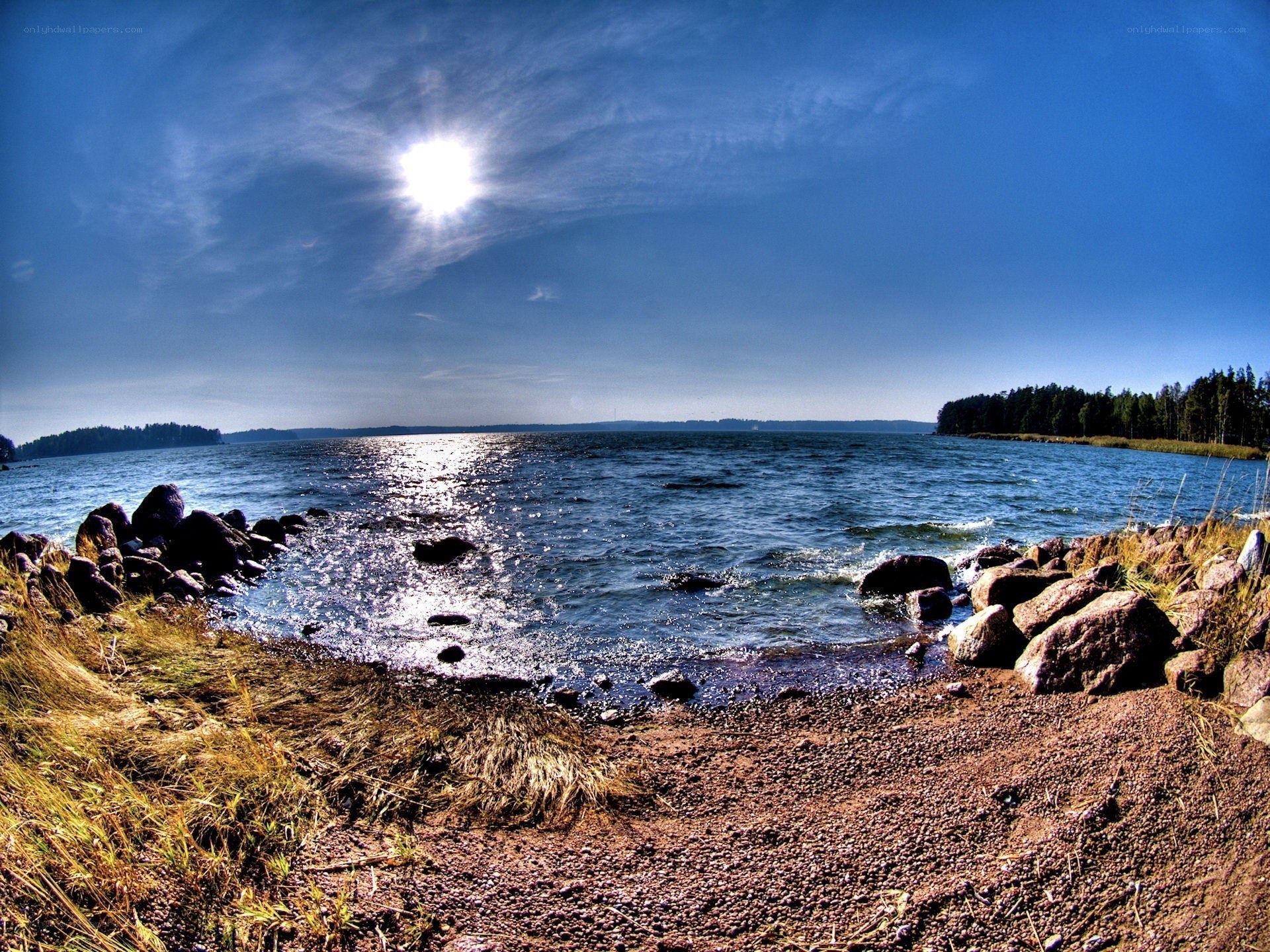 Sunlit lake shore with rocks