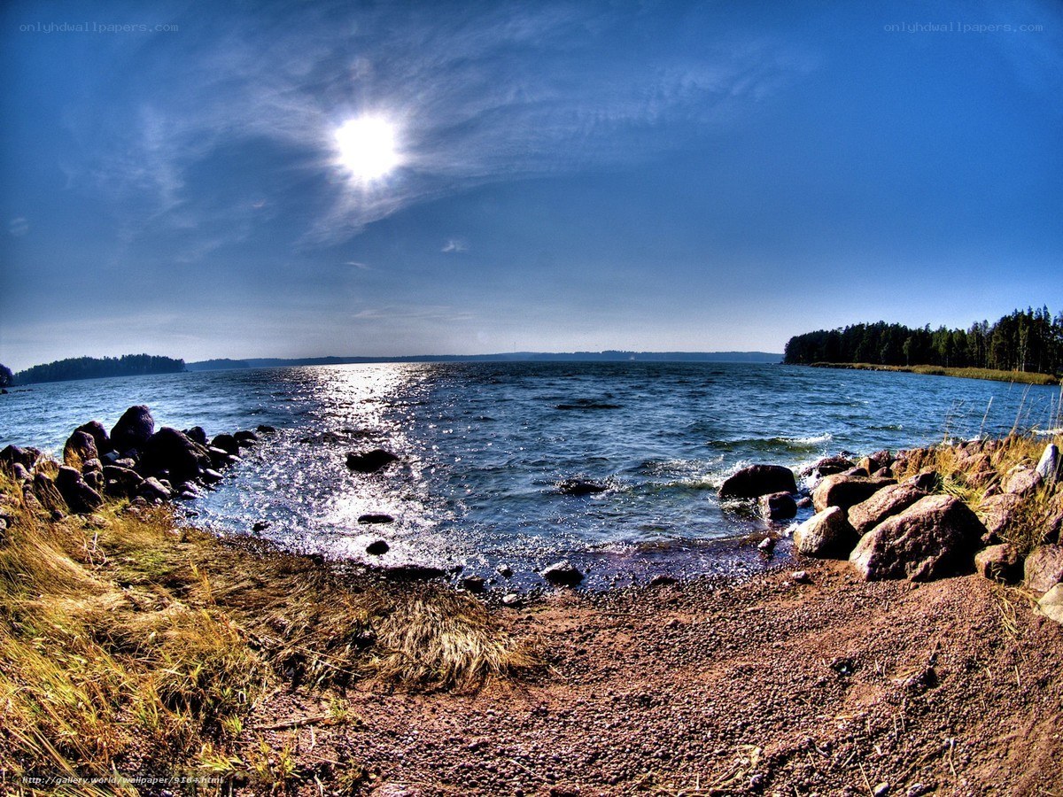 Sunlit lake shore with rocks