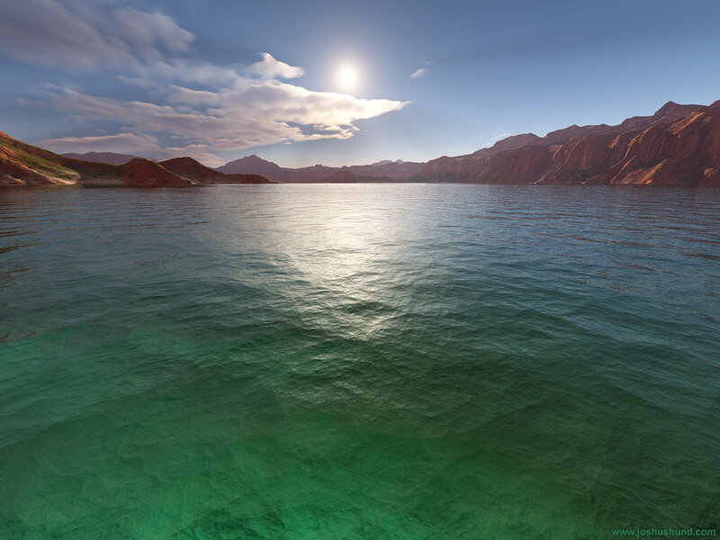Sunlit lake with red cliffs