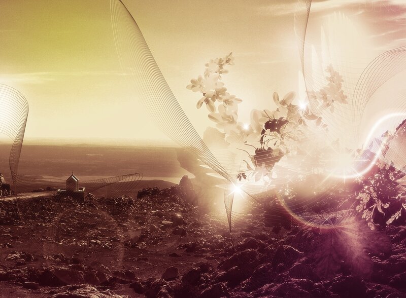 Sunlit landscape with abstract elements