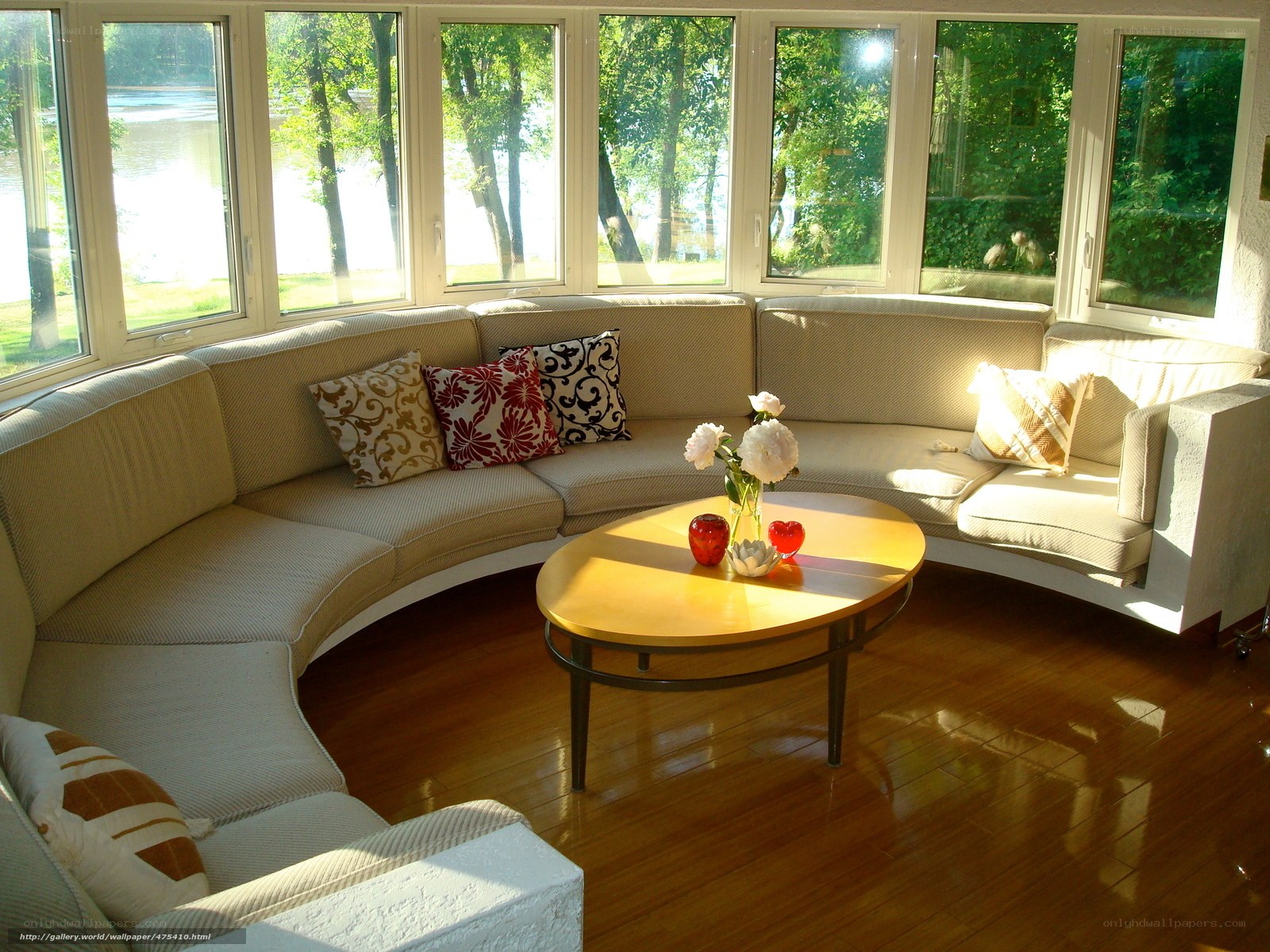 Sunlit living room with sectional sofa