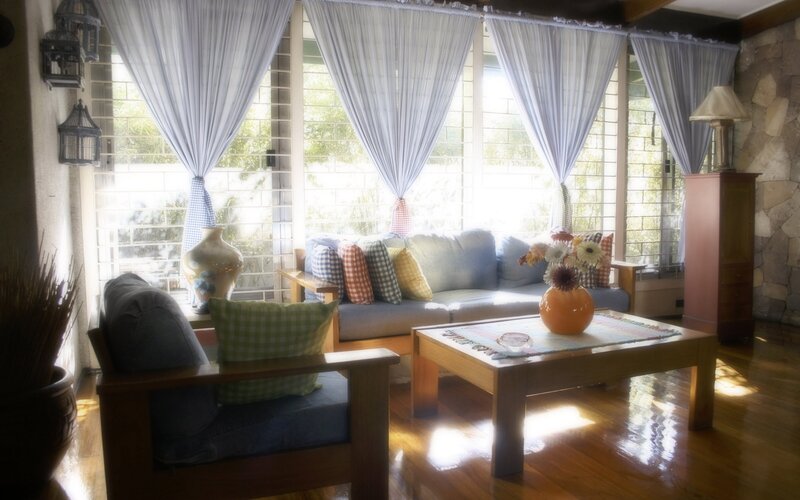 Sunlit living room with wooden furniture