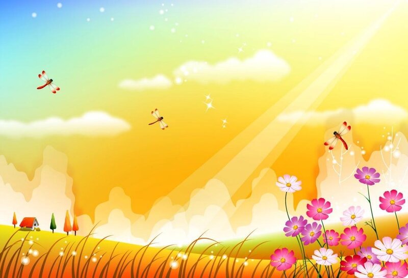 Sunlit meadow with flowers and dragonflies