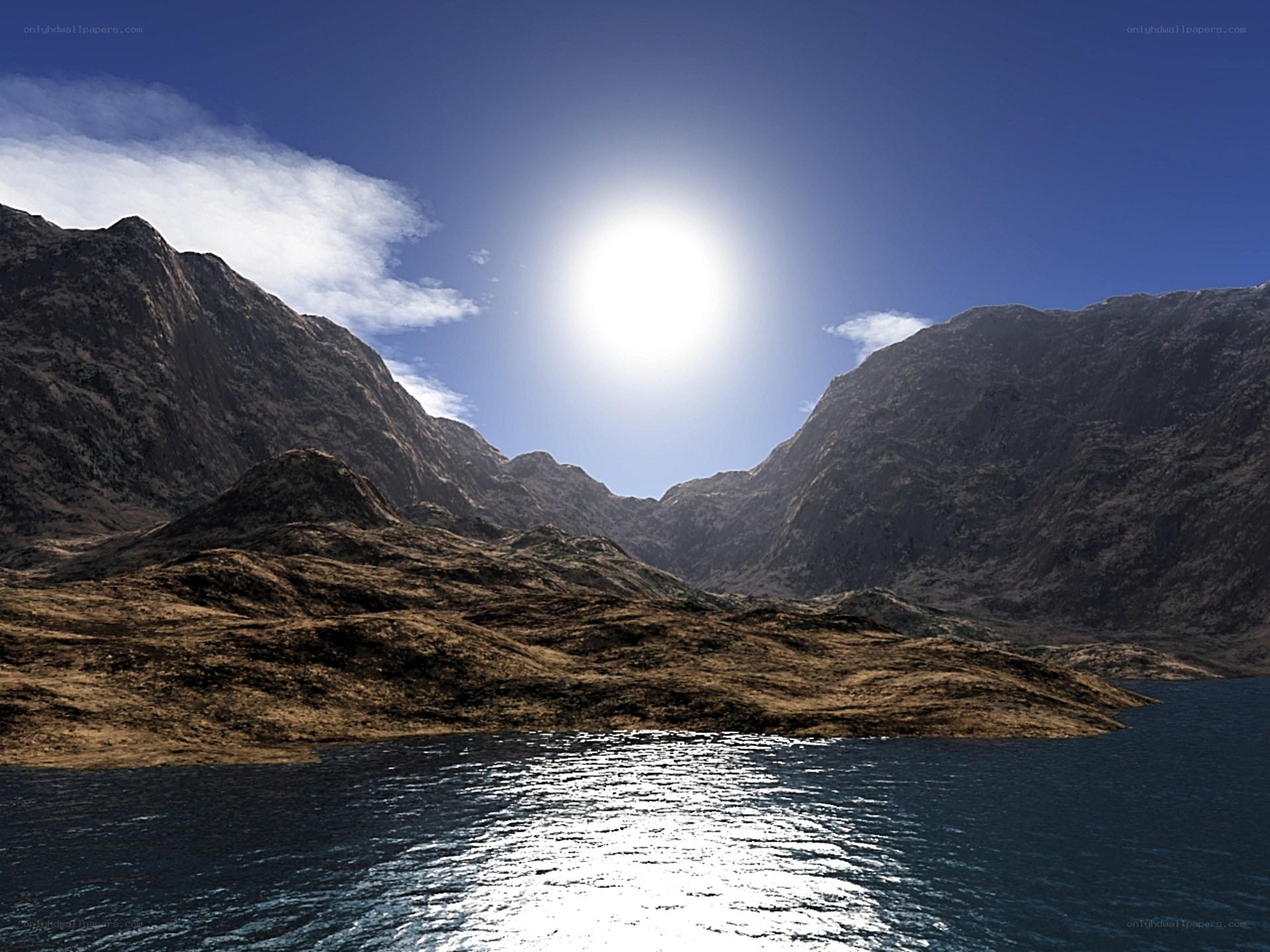 Sunlit mountain lake landscape
