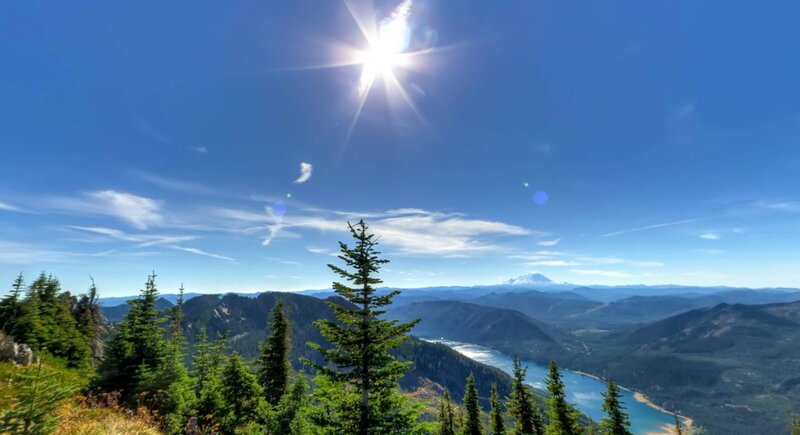 Sunlit mountain lake view