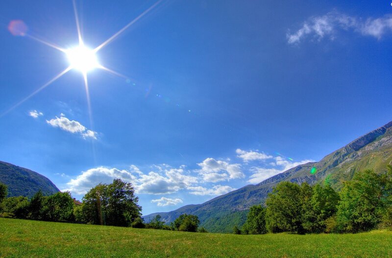 Sunlit Mountain Valley — Blue, Serene