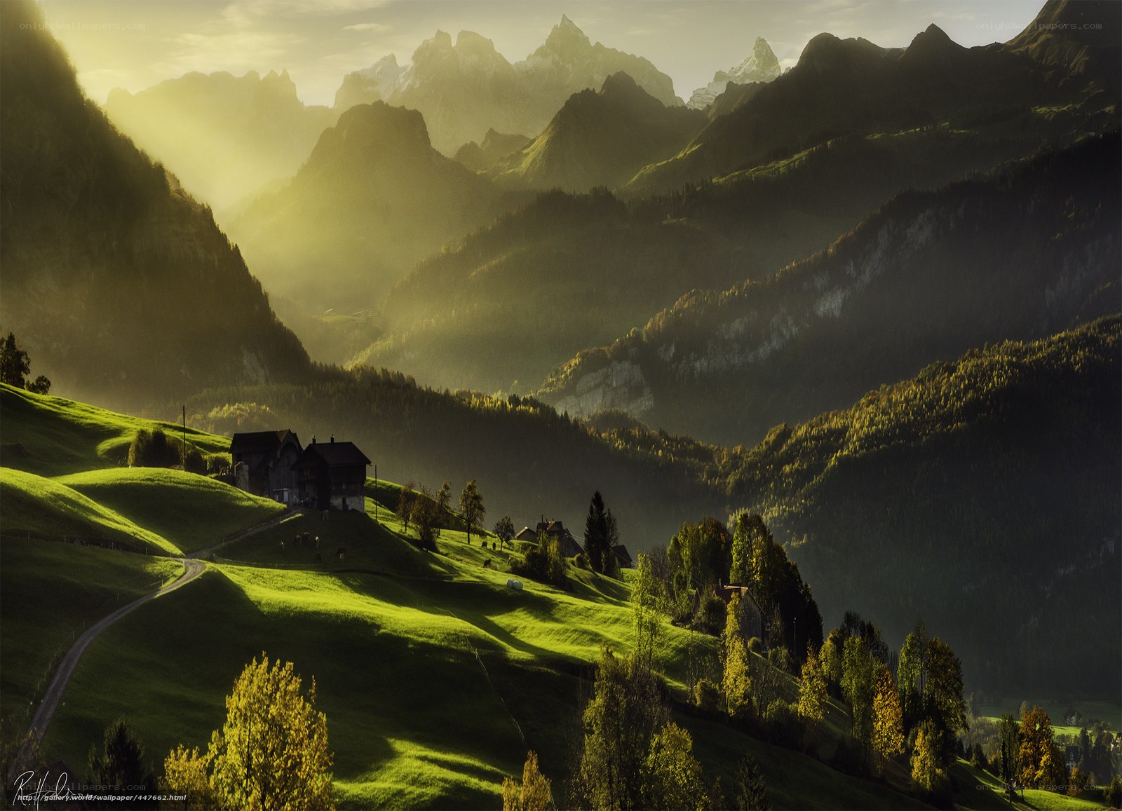 Sunlit mountain valley landscape