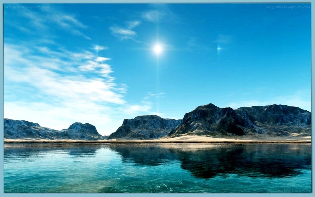 Sunlit mountains reflected in water