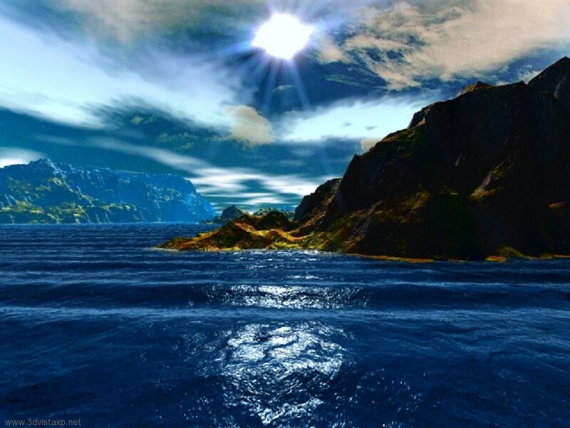 Sunlit ocean with rocky islands