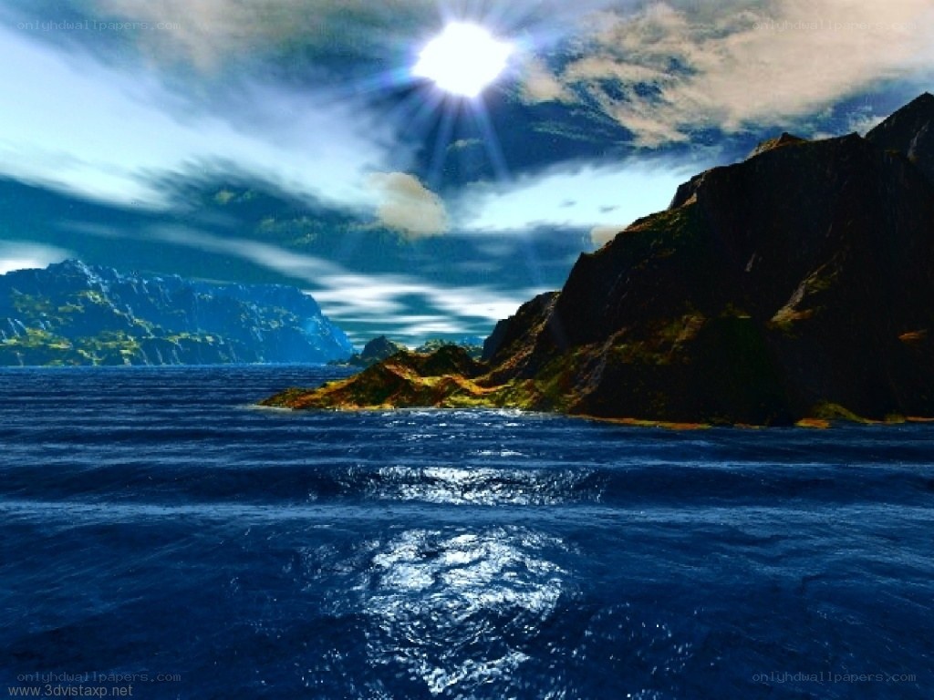Sunlit ocean with rocky islands